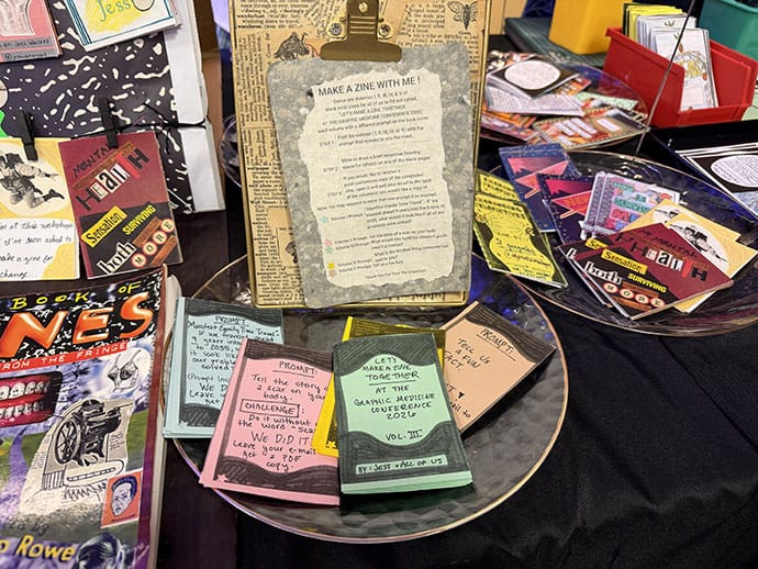 photo of  Artist Jess Walters brought materials for creating health-related zines, small, self-published booklets.