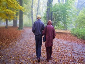 Senior couple walking in the woods.