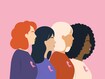 Side View Of Multi-ethnic Women Group With Pink Ribbons. Breast Cancer Awareness And Support Concept.